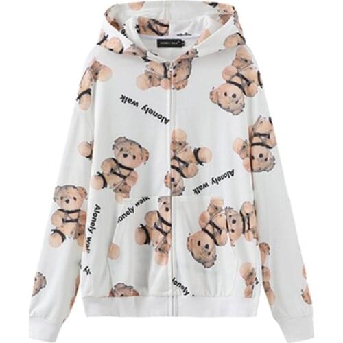 PERHAPS U Women Hooded Pullover Thin Bear Print White Black Autumn Spring H0066