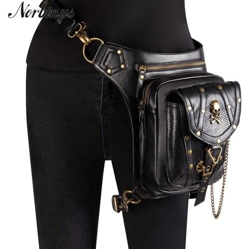 Norbinus Skull Rivet Women Waist Fanny Packs Gothic Steampunk Drop leg Bag Men Motorcycle Thigh Bags PU Leather Shoulder Pouch