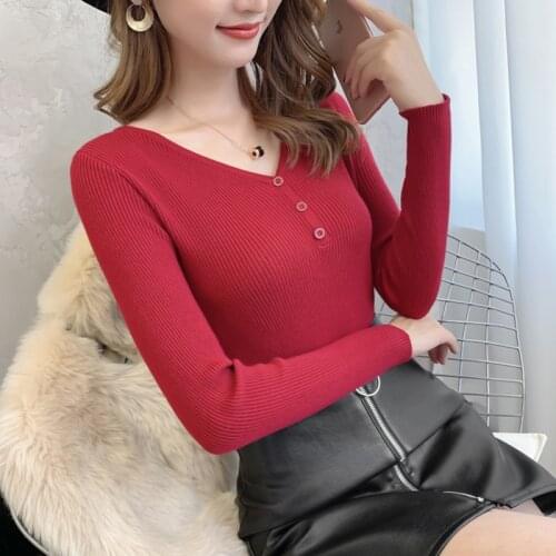 2020 Autumn Winter V-neck Slim Button Pullover knitted women Long sleeve Elasticity Jumper Ladies Cotton soft White sweater Tops