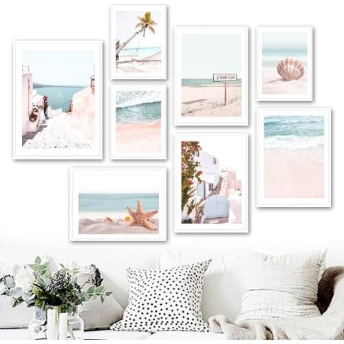 Pink Aegean Beach Wave Shell Palm Tree Wall Art Canvas Painting Nordic Posters And Prints Wall Pictures For Living Room Decor