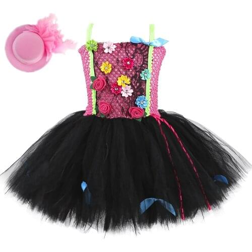Rock Star Tutu Dress Hot Pink and Black Flowers Kids Birthday Party Dresses for Girls Masquerade Halloween Punk Rockstar Costume