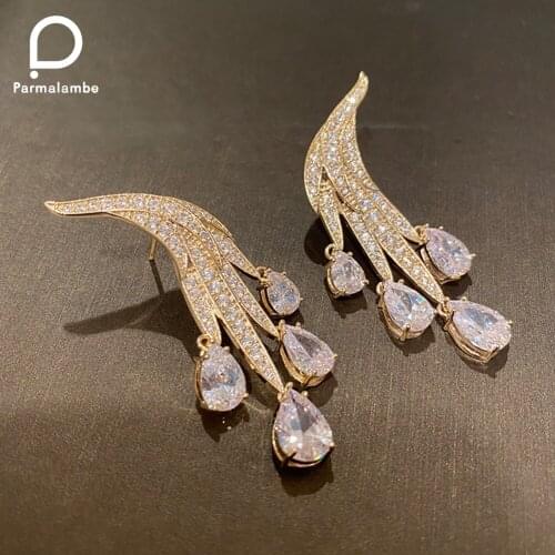 Parmalanbe Luxury Gold Ear Studs Cubic Zirconia Leaf Water Droplets Earrings for Women New Trendy Wedding Jewelry PE0002