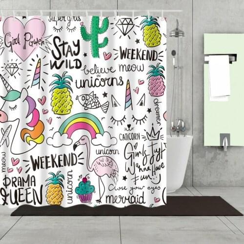 Cartoon Graffiti White Shower Curtain Set with 12 Hooks Natural Plants Bathroom Decoration Washable Polyester Fabric