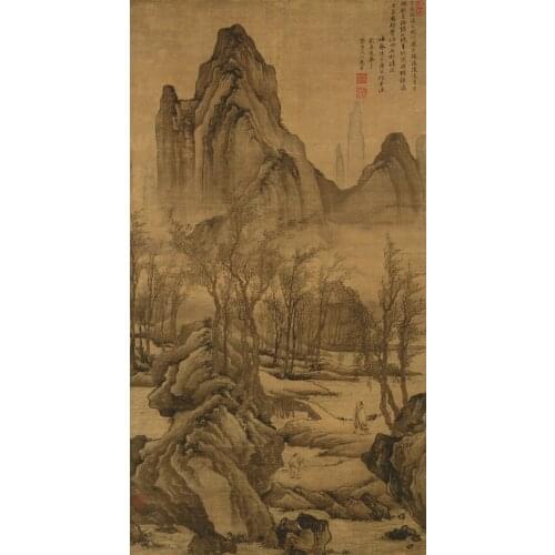 Traditional Chinese painting landscape picture scenery posters prints art riverside of mountains by Tang Ying Ming Dynasty