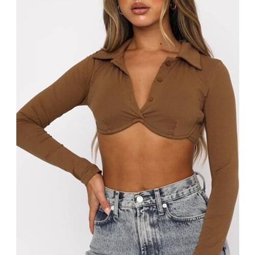 Women Fashion Street Push-up Crop Tops Solid 3 Colors Long Sleeve V Neck Button T-shirts Sexy Ladies Turn-down Collar Pullovers