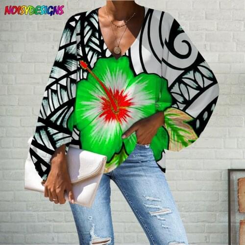 NOISYDESIGNS Blouse 2021 Trend Women Casual Tops Tribal Hibiscus Print Sexy V Neck Lantern Sleeve Shirt Female Polynesian Blusas