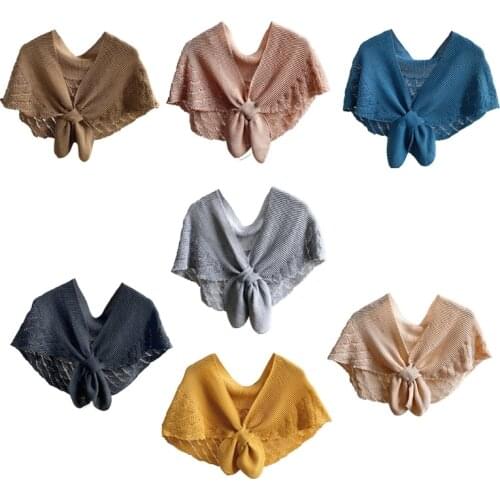 Y166 Women Spring Crochet Shawl Wrap Knitted Fish Scales Solid Color Fake Collar Poncho Tie Knot Front Vintage Cape Scarf