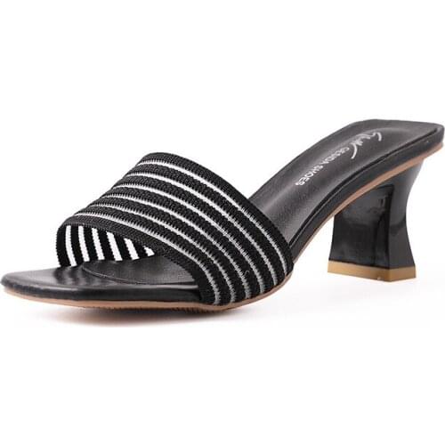 Women Slippers 2019 Summer Slides High Heels 7cm Outdoor Woman Slides Nylon Shallow Square Heel Ladies Slipper 35-39