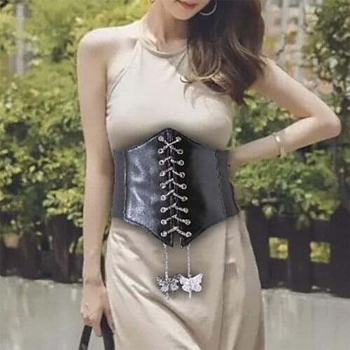 Butterfly Pendant Waist Belt for Women PU Leather Slimming Body Ladies Dress Belt Elastic White Black Corset Belt Female DXAA