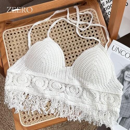 Female Sexy Fashion White Bra Wrap Tops Women Bustier Slim Tops Women Halter Weave Flower Hollow Tassel Vest All-match Tank Top