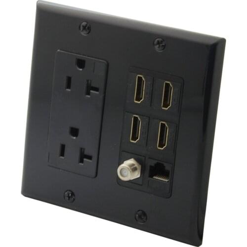2 Gang Black Color 2 Ports US Style AC Power 4 Ports HDMI 1 Port CAT6 RJ45 1 Port F RG6 Coaxial Female To Female Wall Plate