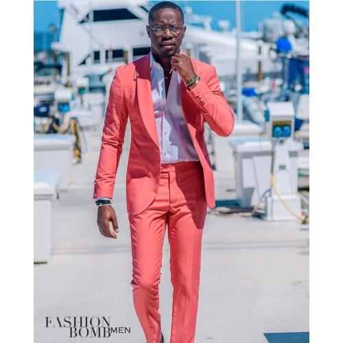 2021 New Design Casual Peach Wedding Mens Suits With Pants Tuxedo Costume Slim Fit Groom Wear Men Beach Wedding Suits Bridegroom