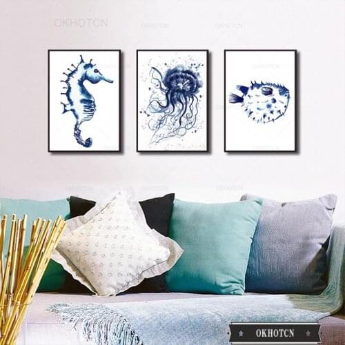 Abstract Watercolor Poster Blue Shark Seahorse Octopus Canvas Painting Childlike Wall Art Decorative Pictures for Room