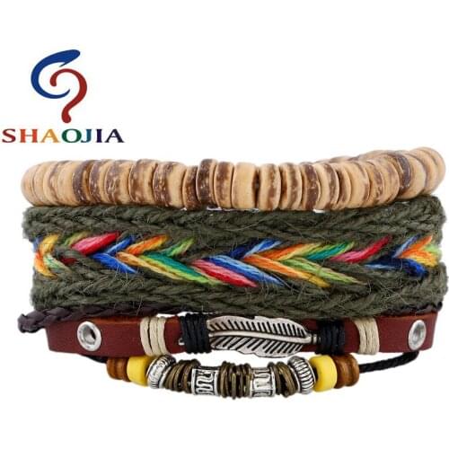 Adjustable Leather Women Multilevel Feather Coconut Shell Beads Bracelets Rope Hand Woven bracelet for women Braided Jewelry Men