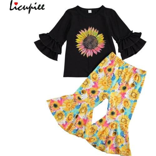 Kids Girls 2-piece Outfit Set Long Sleeve Sunflower Print Top+flared Pants Set for Children Baby Girls 2-7 Years