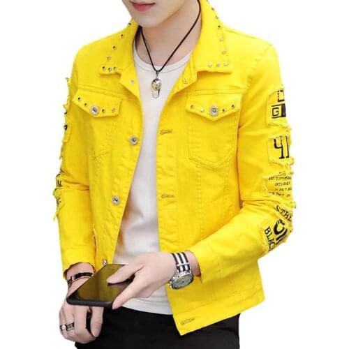 BANNAJI Harajuku Men`s Fashion Denim Jacket With Rivet Printed Studded Street Wear Slim Fit Letters Jeans Coat