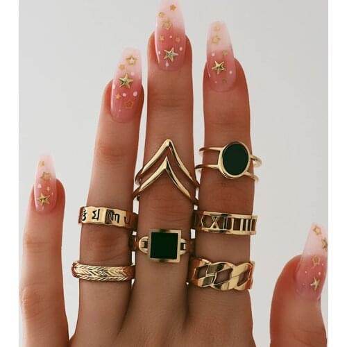 Hua Tang 7pcs/sets Black Crystal Stone Rings for Women Men Geometric Letter Wave Wedding Rings Jewelry Accessories 9808