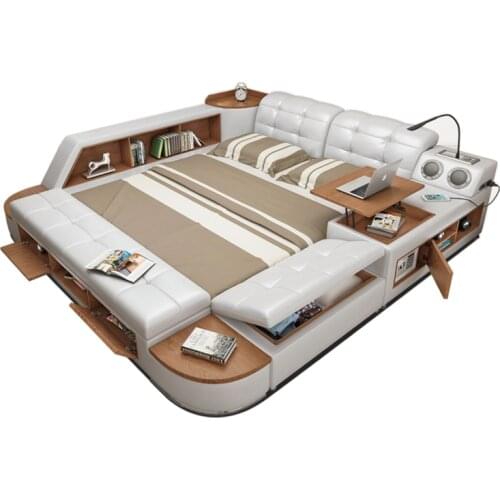 Real Genuine leather bed frame Soft Beds camas lit muebles de massage safe desk table speaker bluetooth LED light book cabinet