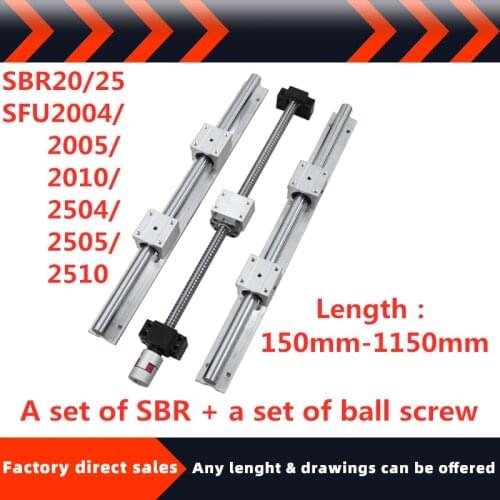 Ball screw set SBR20/25+SFU2004/2005/2010/2504 150mm-1150mm with nut +support BKBF/EKEF/FKFF15/20+nut holder+coupling for CNC
