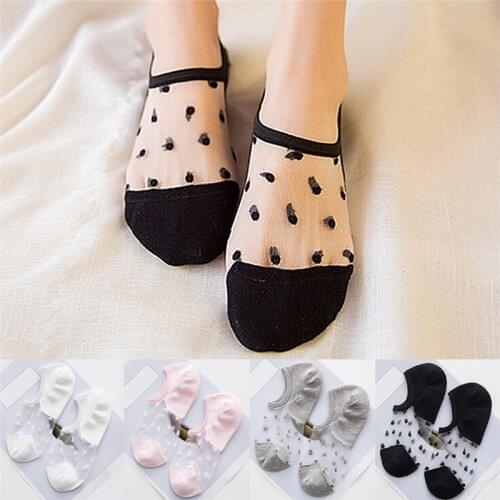 1pair Cute Candy Color Silk Dot Invisible Boat Socks New Womens Summer Thin Cotton Glass Fiber Socks Slipper