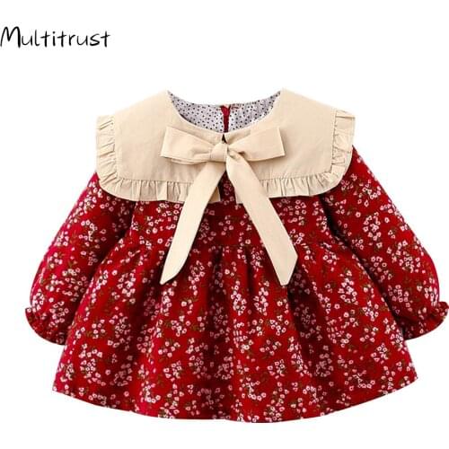 Brand New 2020 Autumn Baby Girls Dress Flowers Print Bowknot Long Sleeve A-Line Mini Princess Dress 1-3Y