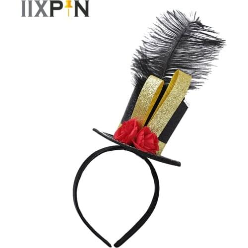 Kids Girls Hair Hoop Headdress Steampunk Mini Top Hat Fascinator Headband With Feather Rose Headwear Costume Hair Accessories