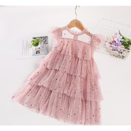 3-8 Years Girls Casual Princess Sequins Mesh Vestidos Ceremony Cupcake Dress Birthday Party Wedding Gown For Little Children