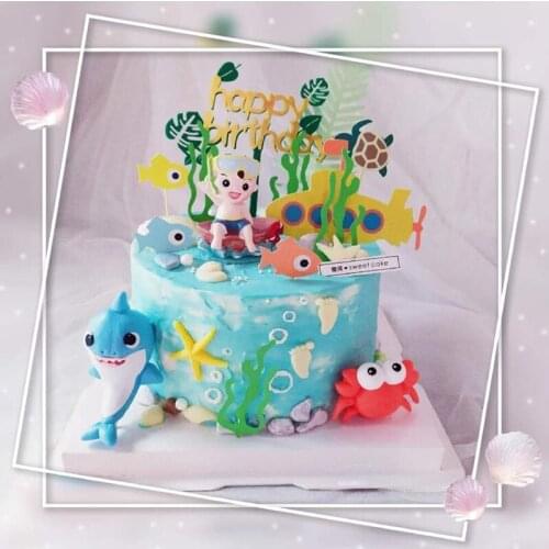Underwater World cartoon colorful DIY little shark birthday cake acrylic seaweed birthday cake decoration for Party Gifts