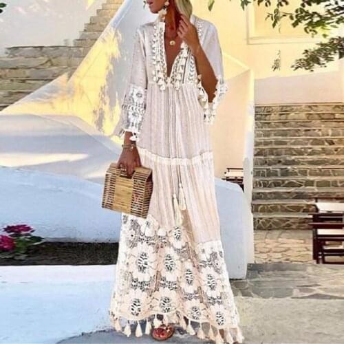 RMSFE 2021 Ladies Spring and Summer New Bohemian Style Lace Tassel Stitching Beach Resort Temperament Dress