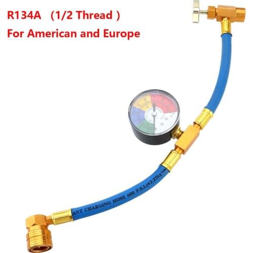 R134A Air Conditioning Refrigerant Charging Hose with Gauge for Car (1/2 Thread for American and Europe)