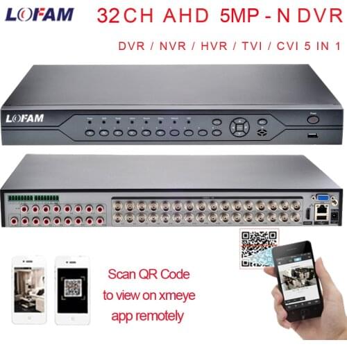 LOFAM Security DVR 32CH 5MP N AHD DVR TVI CVI NVR 1080P HDMI CCTV Surveillance Video Recorder 16CH Audio Alarm ONVIF XMEYE APP