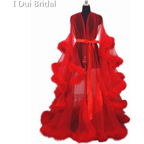 Feather Tulle Illusion Evening Dress Long Sleeve Robe Scarf Party Gown School Dance Dress Dressing Gown