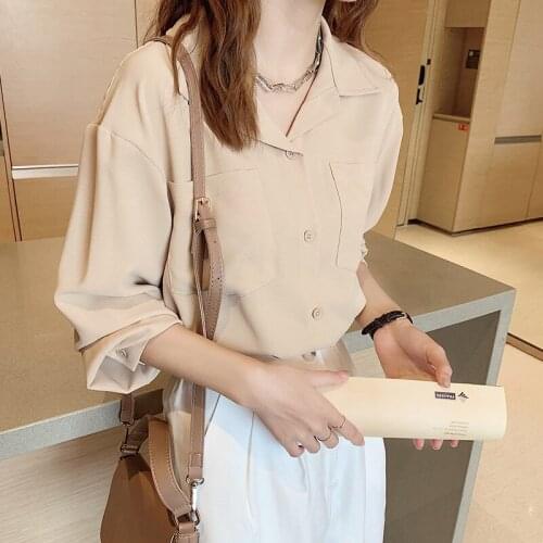 Ready Stock Sweet Women Button Korean Shirt CHIC Autumn Loose Casual Pocket Long Sleeve Plain Chiffon Blouse