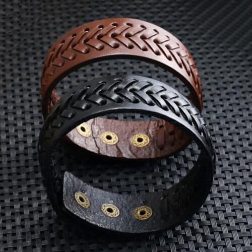 Vintage Men Faux Leather Fashion Bangles Wide Braided Bracelet Cuff Button Wristband Bangle Male Wrist Band Gifts