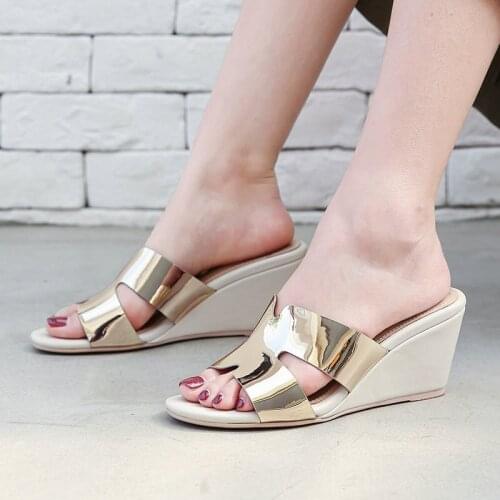 COOLULU 2020 Women Slip on Wedges High Heel Slides Sandals Open Toe All Match Casual Women Glitter Slippers Shoes Size 34-39