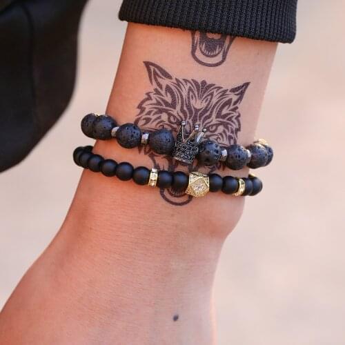 Men Bracelet Set for Men 6mm Matte 8mm Lava Natural Stone Beaded Pave CZ Crown Charm Couple Bracelet Set For Women Men Jewelry