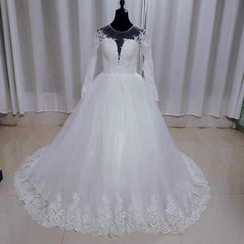 Custom Ball Gowns White Ivory Tulle Bridal Dress with Long Sleeve Wedding Dresses 2021 Long Lace Vestidos De Novia