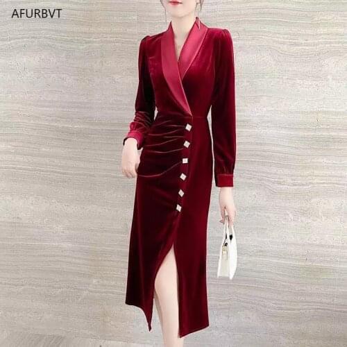 2021 Runway Dress Winter Evening Party Dresses Red Velvet Dress Women Long Sleeve Vintage Long Maxi Dresses Vestido Longo Robe