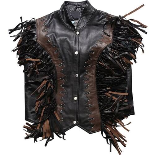 Black Motorcycle Biker Style Genuine Leather Vest Men Sheepskin Punk Rock Tassels Rivet Short Sleeveless Jacket