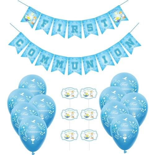 1Set Blue First Holy Communion Banner Sky-Blue Balloons Cake Toppers Boys Baptism Party Decoration Supplies