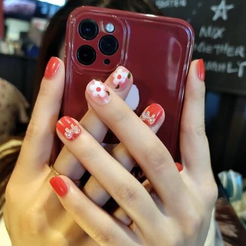 24pcs Flower Printed Nails Patch With Bow Glue Type Short Paragraph Fashion Removable Manicure False Nails Patch Nail Sticker