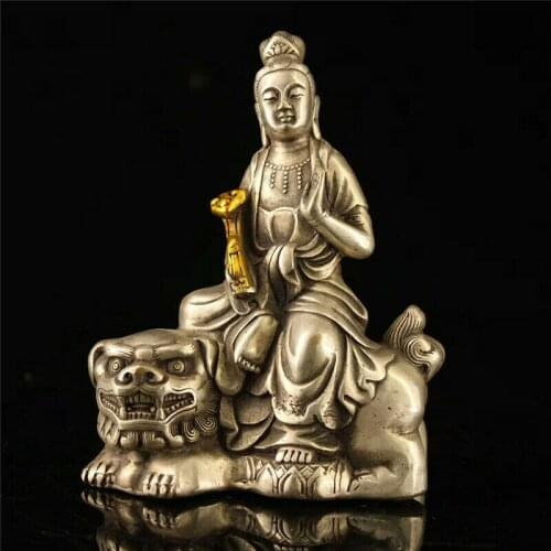 4.72" Tibetan Buddhism copper silvering gilt Manjusri Bodhisattva Buddha statue