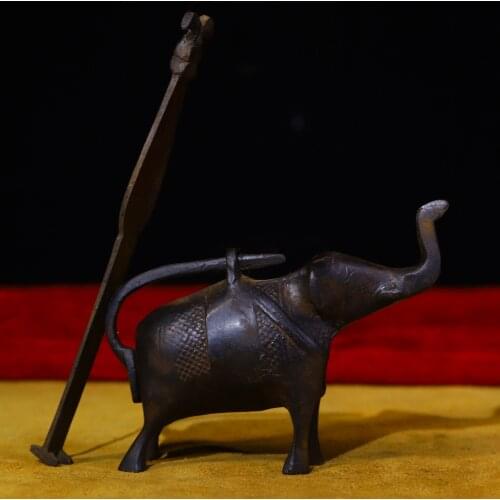 4"Tibet Temple Collection Old Bronze Elephant statue Old brass lock elephant Classical lock Town House Exorcism