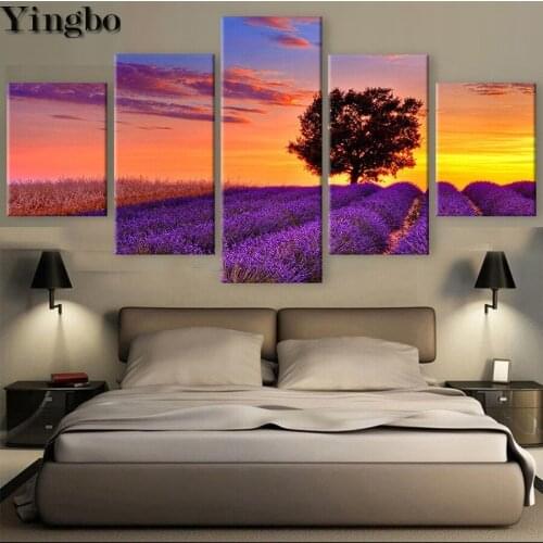 5pcs full round square diamond embroidery Sunset lavender cross stitch kits 5d diamond painting multigang living room decor
