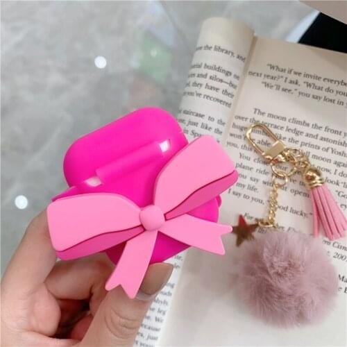 For AirPods Case Metal Hairball key ring cover Pink Cartoon keychain Case For Air pods 1/2 Pro Silicone Wireless Earphone Cover