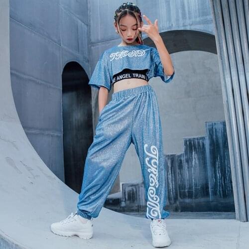 Childrens Jazz Dance Costume Girls Blue Sequin Shirt Crop Tops Vest Jogger Pants Street Hip Hop Clothing For Kids Rave Clothes