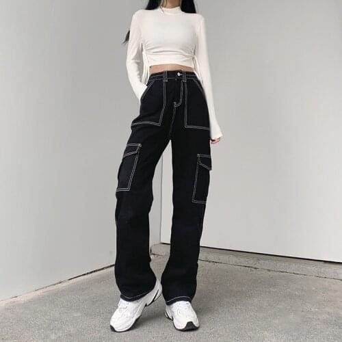New Arrival Women Pants Fashion Large Pocket Casual Straight Jeans Streetwear Loose Hip-hop Wash Denim Wide Leg Black Pant