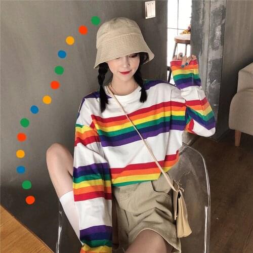 Casual Loose Rainbow Striped Womens Long T-shirts 2021 Korean Harajuku Japanese Kawaii Clothes For Girls Female Tops