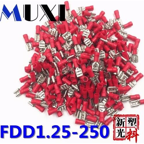 FDD1.25-250 Female Insulated Electrical Crimp Terminal for 0.5-1.5mm2 Connectors Cable Wire Connector 100PCS/Pack Red
