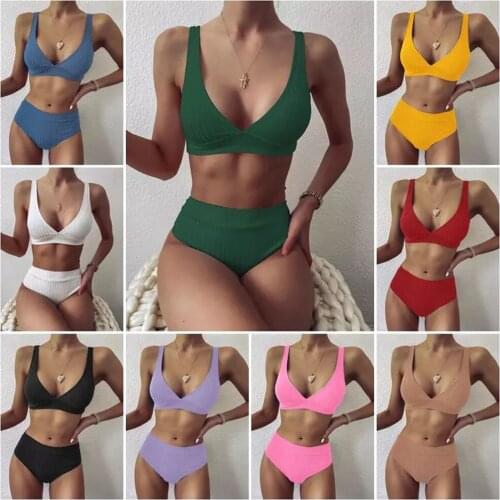 Sexy Bikini Swimsuit Ribbed Bikini Two-Piece High Waist Beach Swimsuit Push-up Womens V-neck Swimsuit Womens Sports Swimsuit